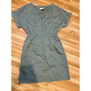 Universal Thread Zip Up V Neck Dress with Pickets Olive Green XS